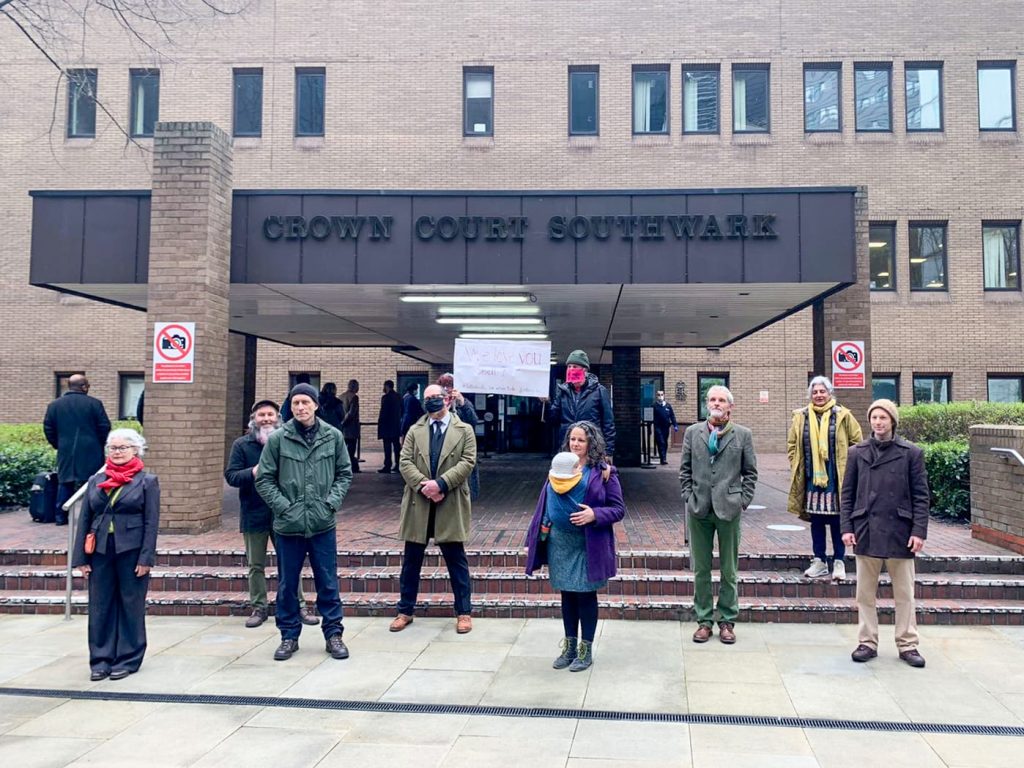 The Shell activists stand outside Southwark Crown Court. 